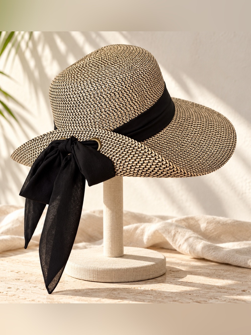 Nine West Flip Up Brim Black & Natural Woven Wide Brim Sun Hat Scarf Bow